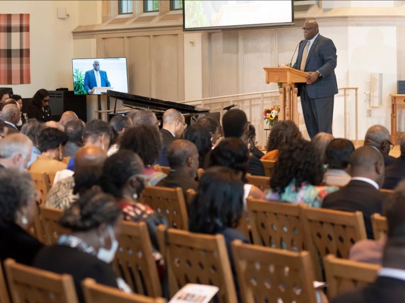 Bishop Gregory Palmer delivers the invocation during the OBCS 50th celebration on April 17.