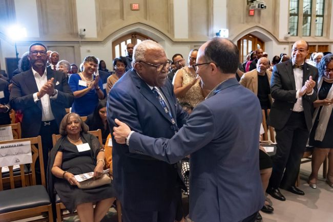 James Ballard greets Dean Edgardo Colón-Emeric at OBCS 50th Anniversary