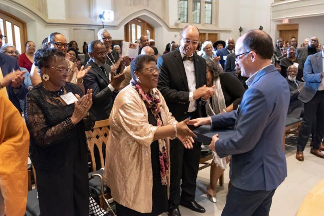 Yvonne Beasley greets Dean Edgardo Colón-Emeric at OBCS 50th Anniversary