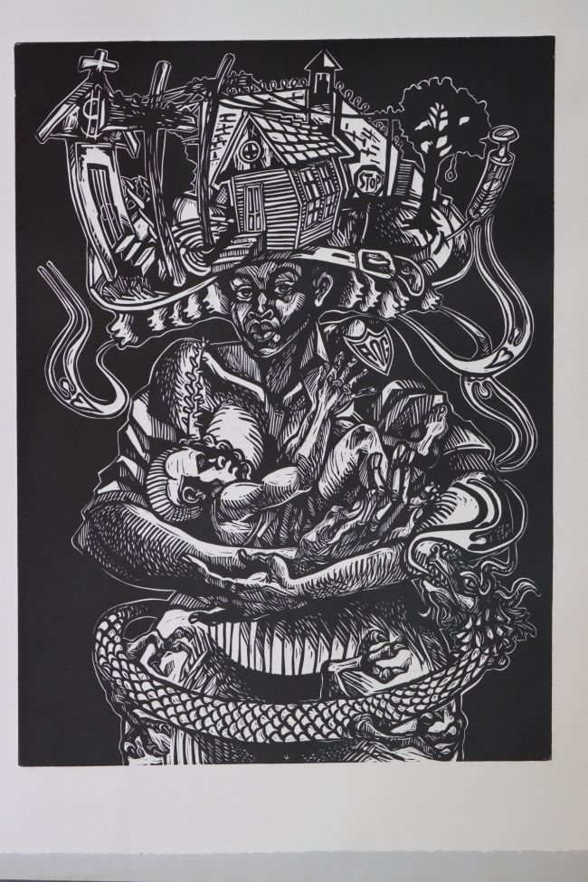 linocut of figure holding child with a house on the head