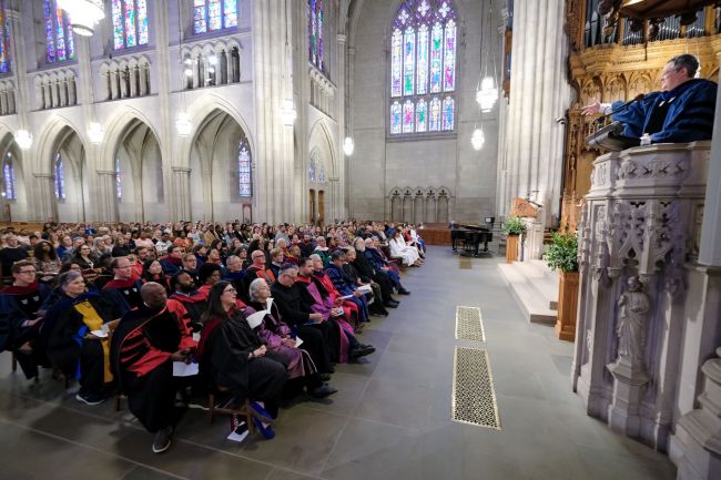 Faculy listen to Daniel Castelo preach during Closing Convocation 2025