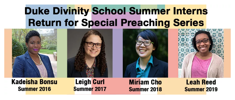 VBC Flyer promoting summer intern preaching series, with images of Kadeisha Bonsu, Leigh Curl, Miriam Cho, and Leah Reed