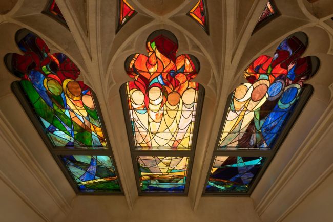 Stained Glass window in Westbrook building shows bright colors