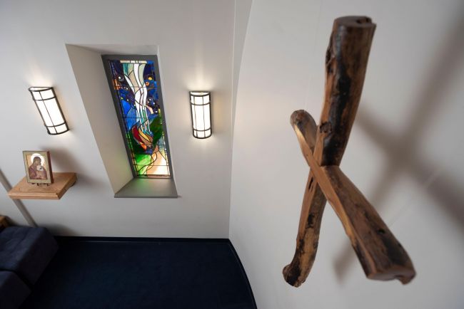 Jones Prayer Room with cross, icon, and stained glass window