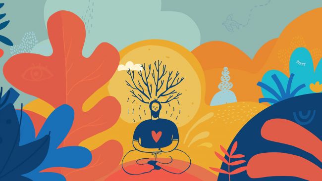 A graphic of a person meditating in front of a tree