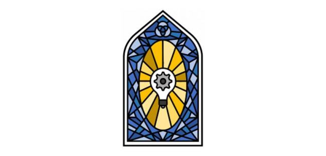 An icon with a gear inside a lightbulb within a stained glass window