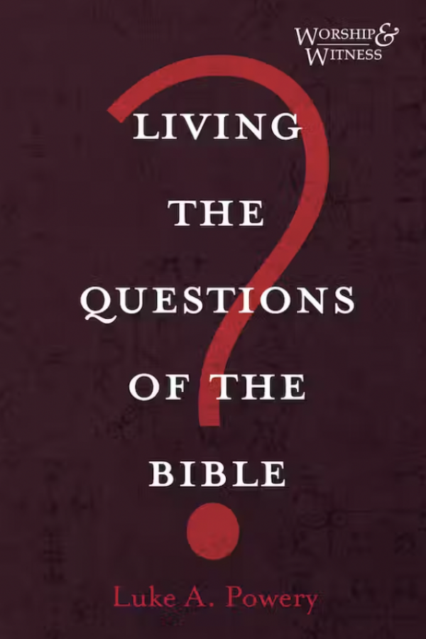 Book cover for "Living the Questions of the Bible" with image of a large, red question mark 
