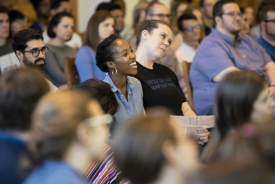 students listen to lecture in Goodson Chapel 
