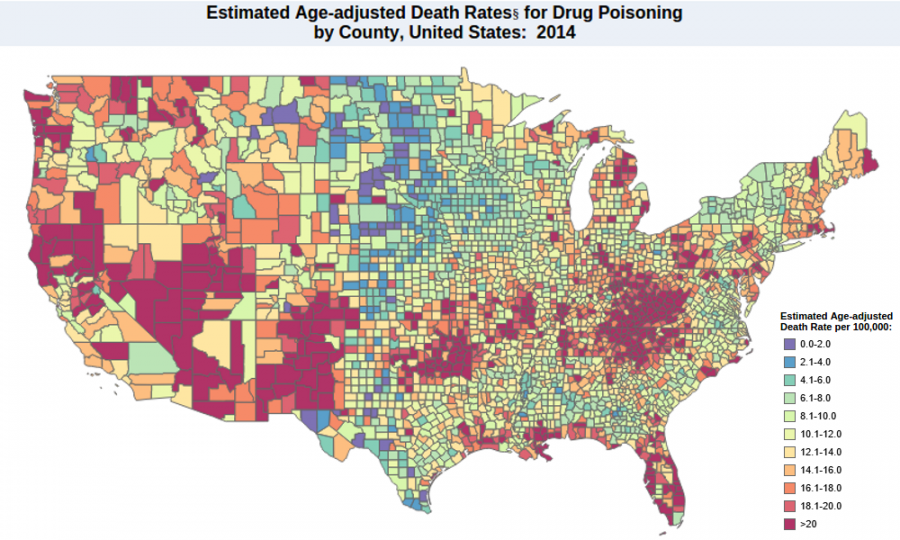 Map of estimated death rates for drug poisoning