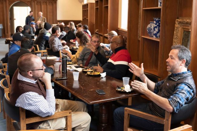 D.Min. students chat during lunch on campus (2020)