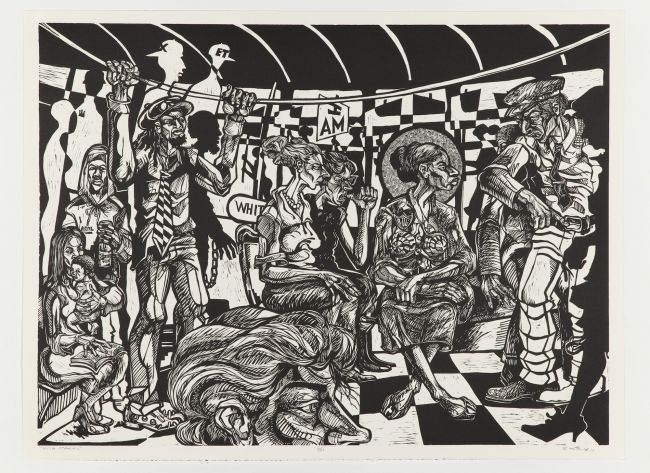 linocut of many figures standing around a woman