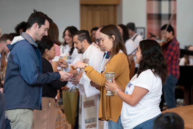 Communion served during the Hispanic House worship service