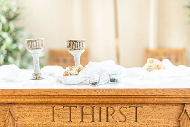 Communion elements and ashes on Goodson Chapel altar