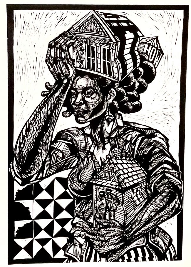 linocut of woman with a house in her arms and on her head