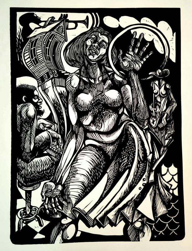 linocut of woman surrounded by man on a chair, a house, and other images