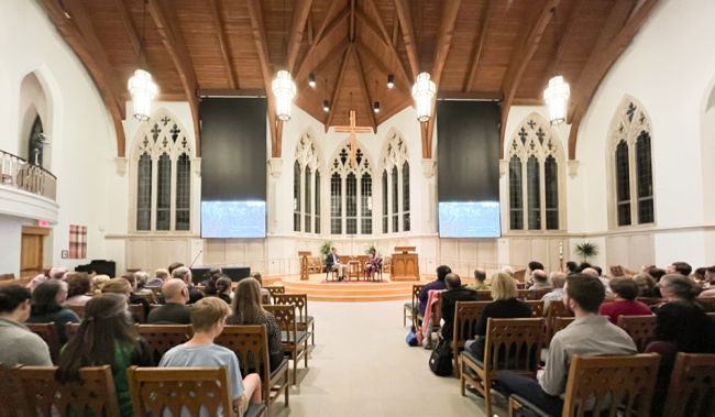 Conference attendees gather in Goodson Chapel