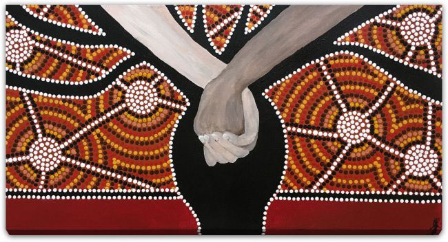 Two arms/hands joined together on mosaic background