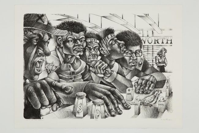 linocut of African-American men at a soda counter
