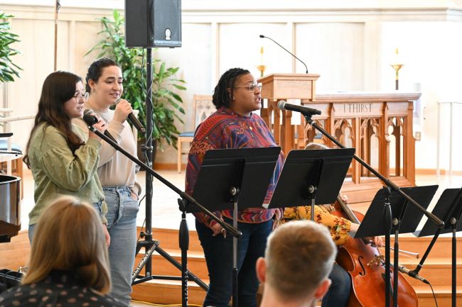 Band plays music in Goodson Chapel during the Women's Center 50th Anniversary