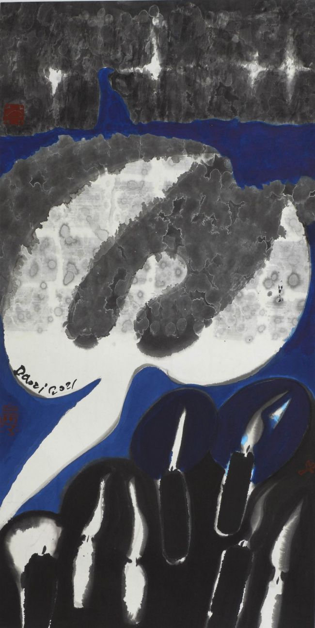 Ink and watercolor shows angel image in white over blue, grey, and black background