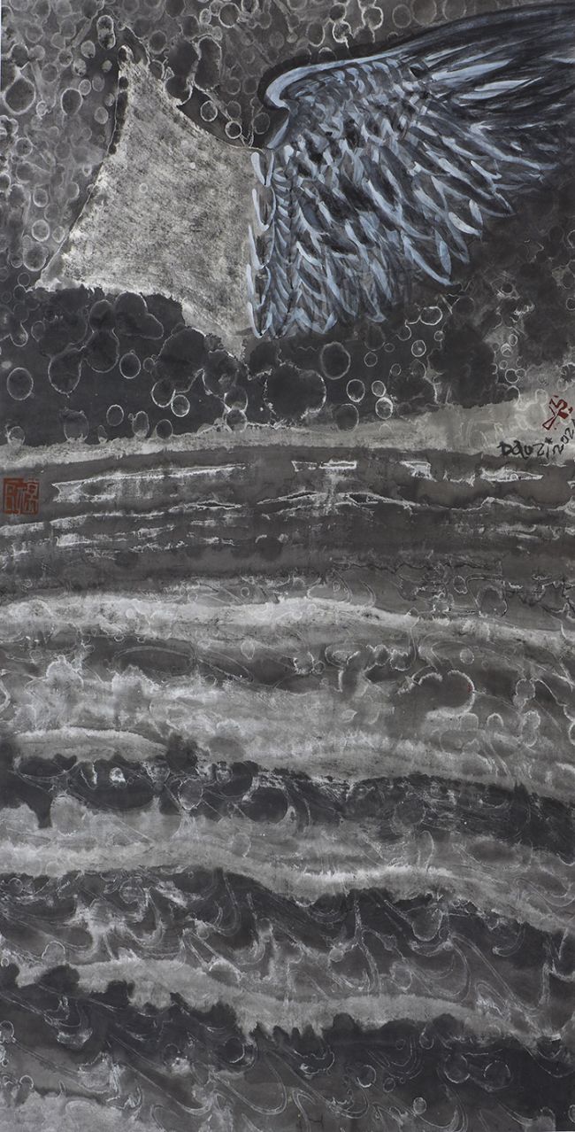 Painting in greys and blues shows a wing