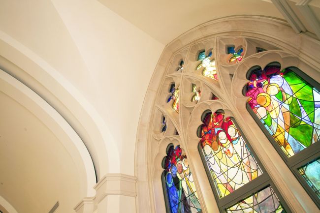 colorful stained glass window in Westbrook building