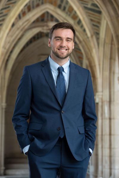 Will Sharkey in walkway near Duke Chapel