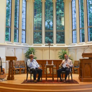 Practice & Presence 2023 plenary session with John Swinton and Farr Curlin in Goodson Chapel.