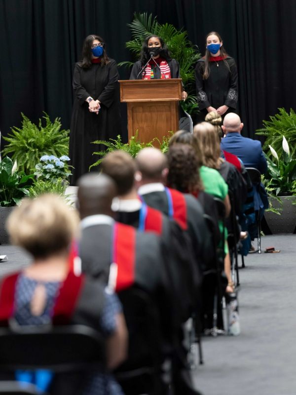 Duke Divinity Student Council Co-President Amber Scott, M.Div.’21, spoke at the May 5 graduation event held in Cameron Indoor Stadium.