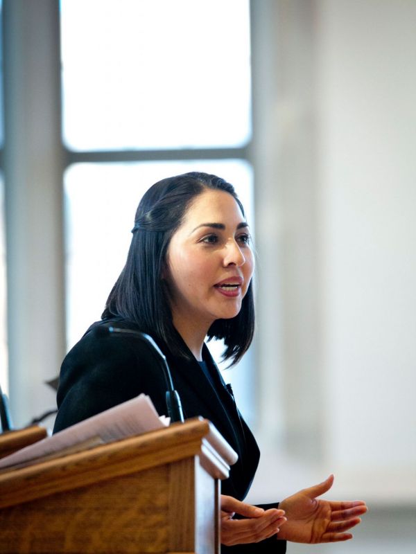 Alma Tinoco Ruiz preaching in Goodson Chapel at Duke Divinity School.