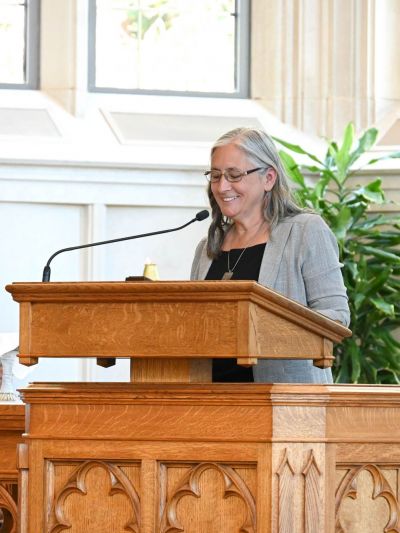 Rev. Dr. Mindy Makant preaching in Goodson Chapel during the Women's Center 50th Anniversary