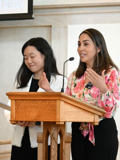 Jung Choi and Alma Tinoco Ruiz speaking at the Women's Center 50th Anniversary